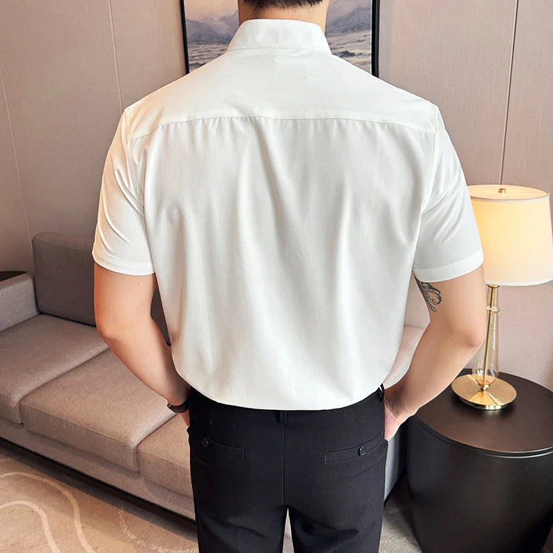 Chinese Style Standing Collar Short Sleeved Men Shirt Summer Solid Casual Elastic Slim Fit Shirt Fashionable Men Clothing