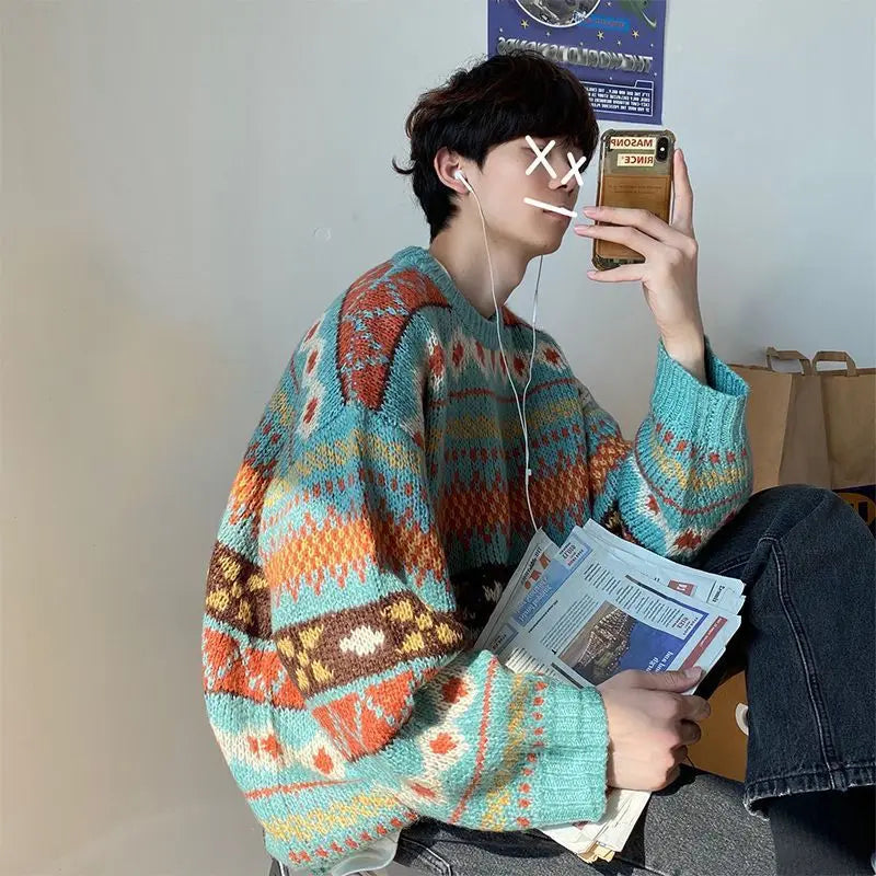 saferido Men's Knitted Vintage Graphic Sweater with Pattern Brown Blue Pullovers Sweaters and Jumpers Korean Streetwear Harajuku