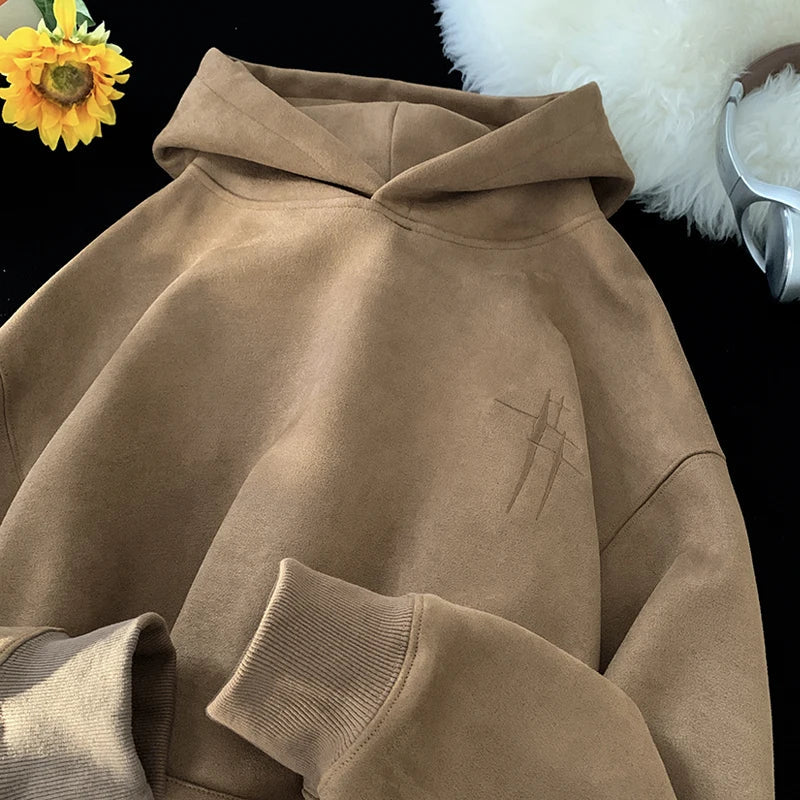 saferido Mens Suede Hoodies Fall Winter Sweatshirt American Vintage College Style Hooded Sweatshirt Fashion Street Trend Clothing
