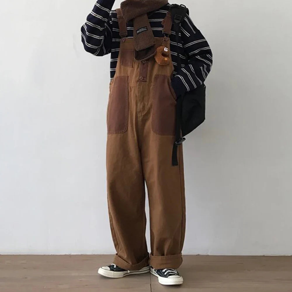 saferido Mens Japanese Workwear Style Casual Jumpsuit 2024 New Genderless Fashion Trend Loose Color Blocking Versatile Overalls Unisex