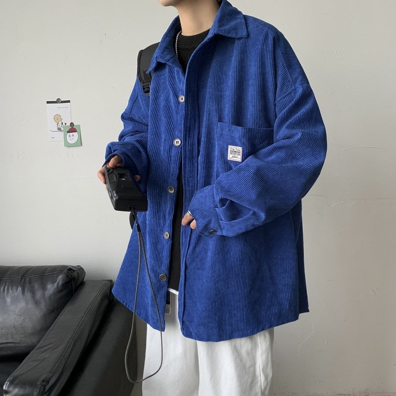 Japanese style wear Corduroy shirt men's long sleeved summer thin style wear ruffian handsome coat in spring and autumn
