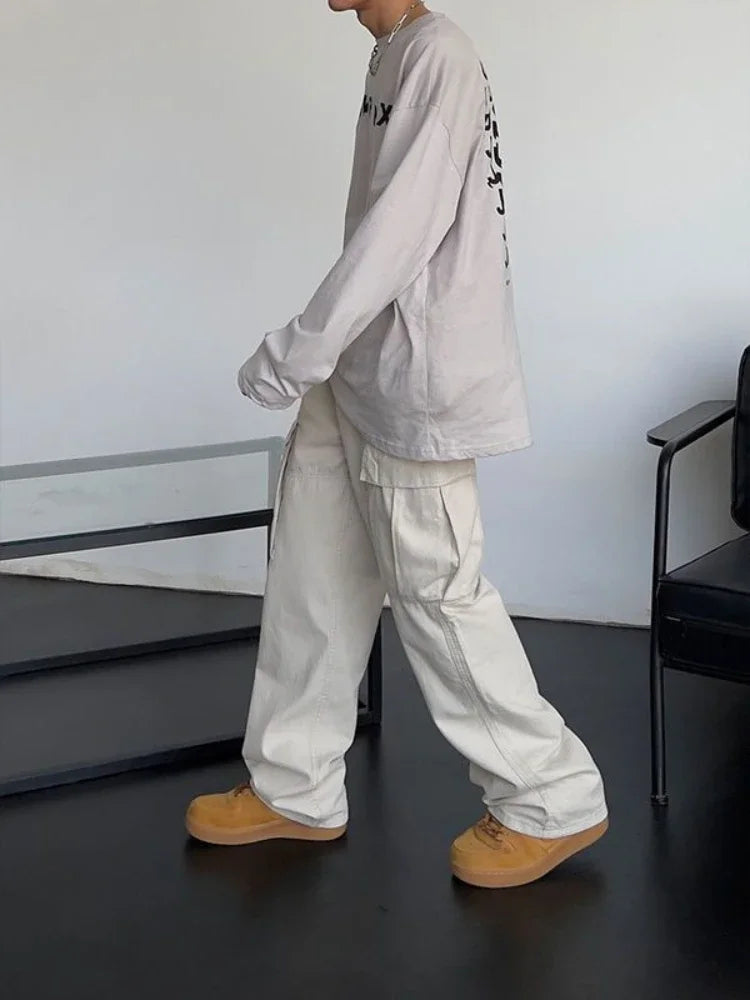 saferido Men's Cargo Pants White Stacked Wide Male Trousers Straight Aesthetic Loose Harajuku Luxury Big Size Fashion Korean Style Y2k