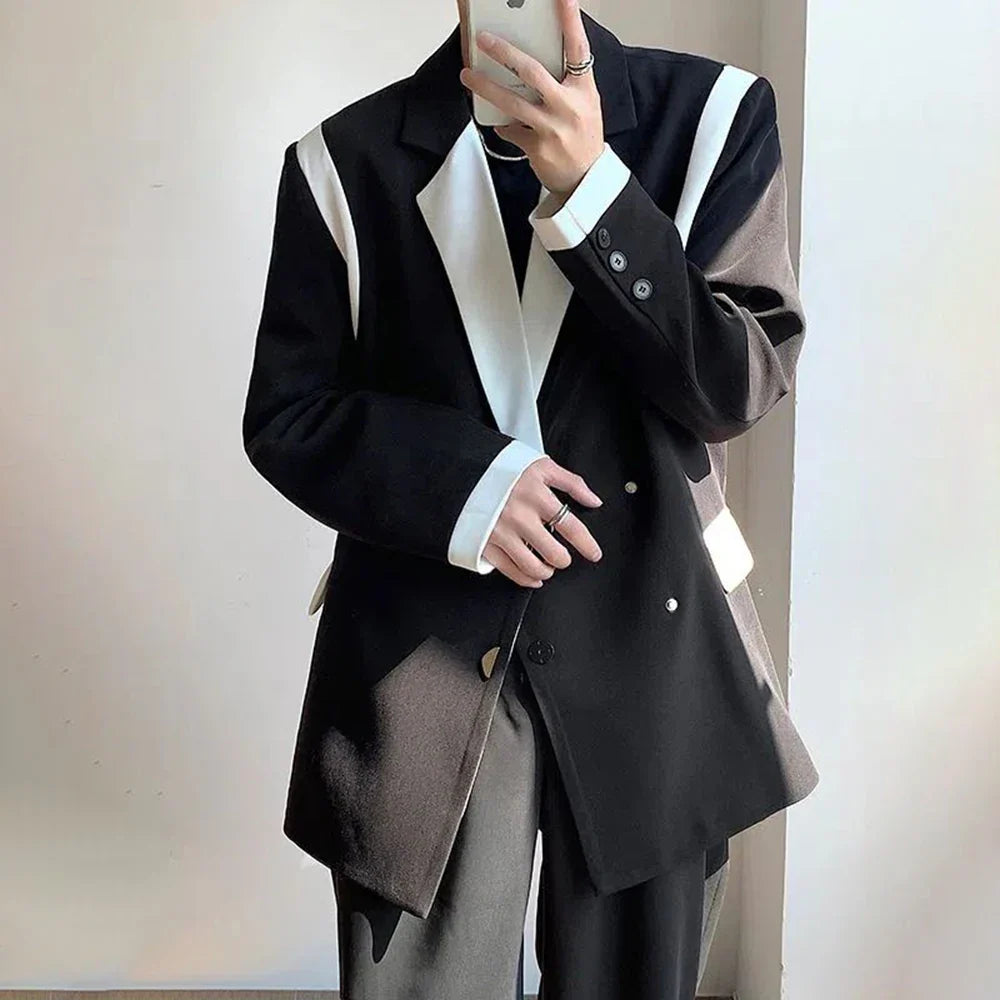 Men Blazer Patchwork Lapel Long Sleeve Streewear Button Loose Csual Suits Korean Fashion Men Thin Coats M-2XL