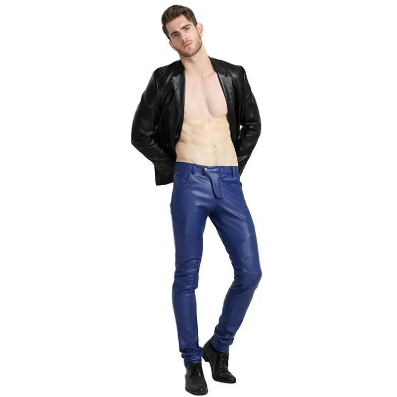 saferido new autumn Korean style multi-color handsome motorcycle pants casual trendy men's pants PU leather pants men's slim fit