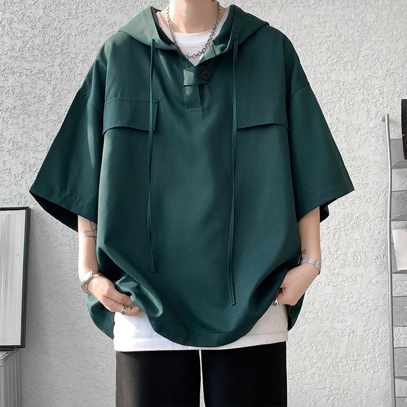 5 Colors Summer Hooded T shirt Men Korean Half Sleeve Pullover Streetwear Loose T-shirt Tops Drawstring Men Clothing 5XL-M