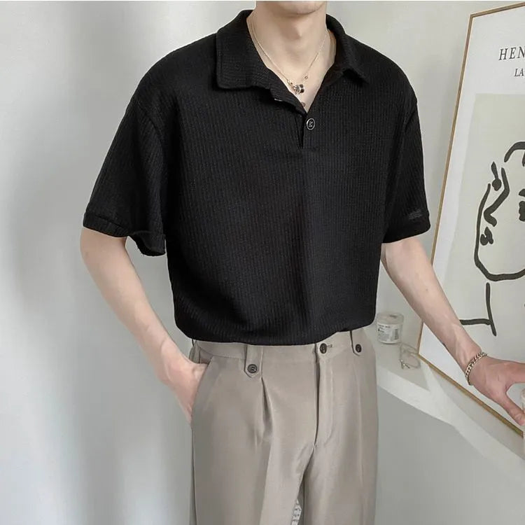 Summer Men Solid Color Tops New Korean Style Button Polo Shirts Fashion Casual Loose Lapel Polo Shirts Men's Clothing