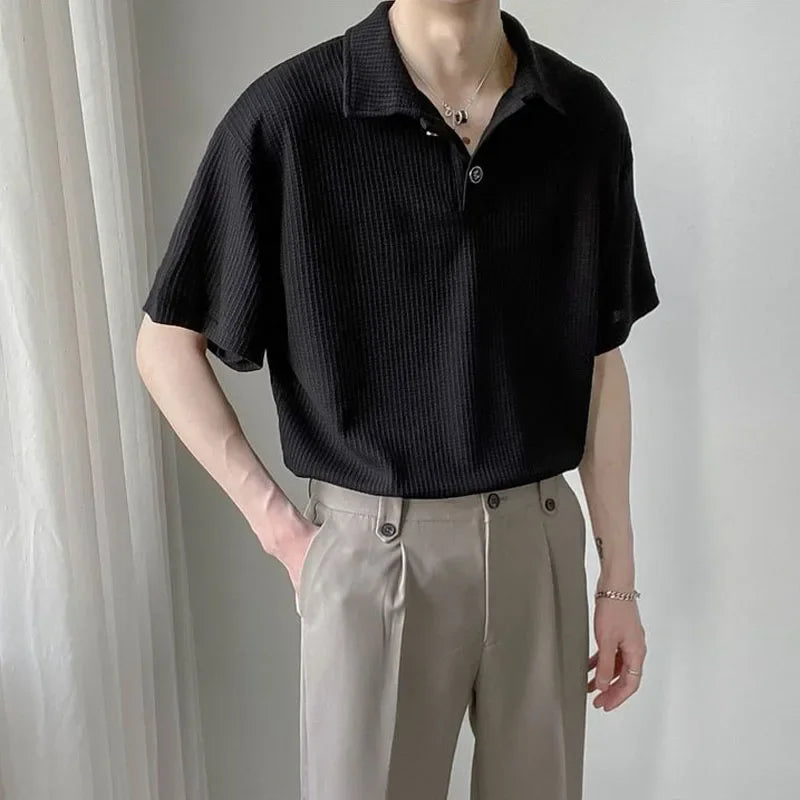 Summer Men Solid Color Tops New Korean Style Button Polo Shirts Fashion Casual Loose Lapel Polo Shirts Men's Clothing