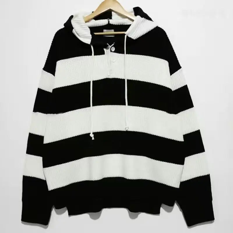 saferido Striped Sweater Men's Hoodies Autumn Winter Vintage Korean Knitwear Top Stripe Splicing Loose Knitted Sweater Pullover Jumper