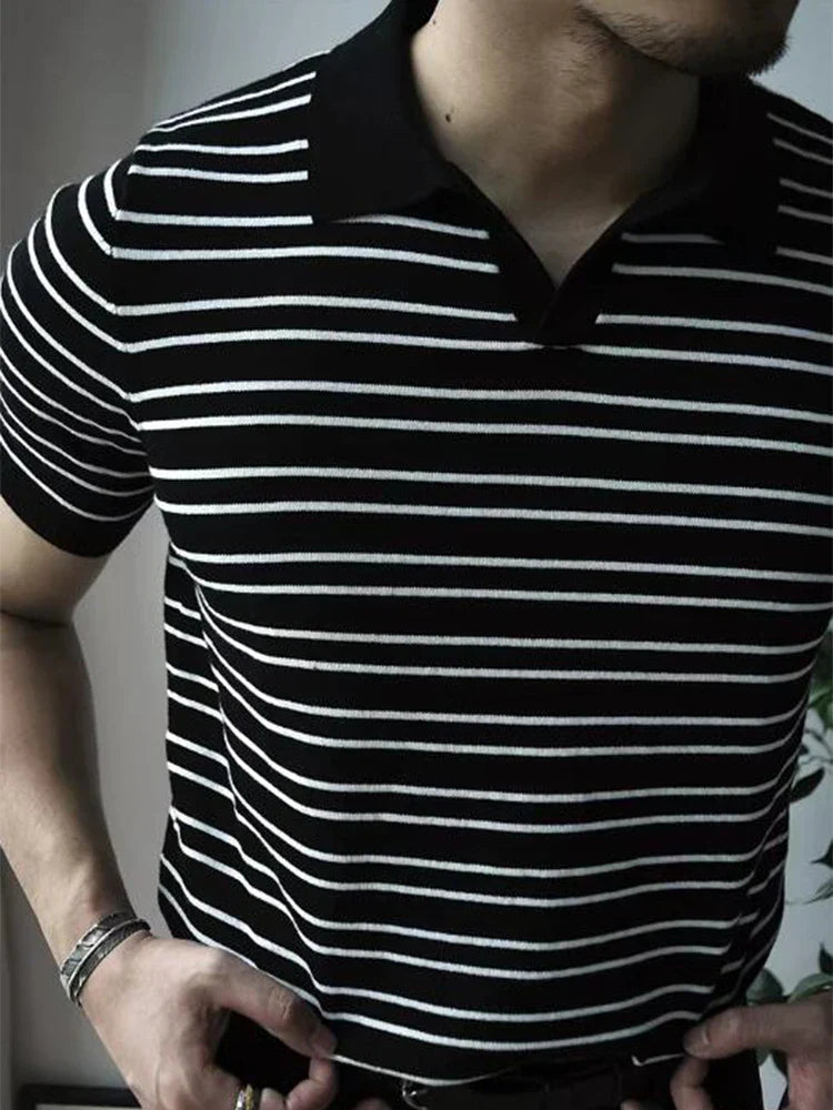 Vintage Striped Knit Polo Shirts Men Short Sleeve Casual Tops Spring Summer Mens Fashion Buttoned Turn-down Collar Slim T Shirt