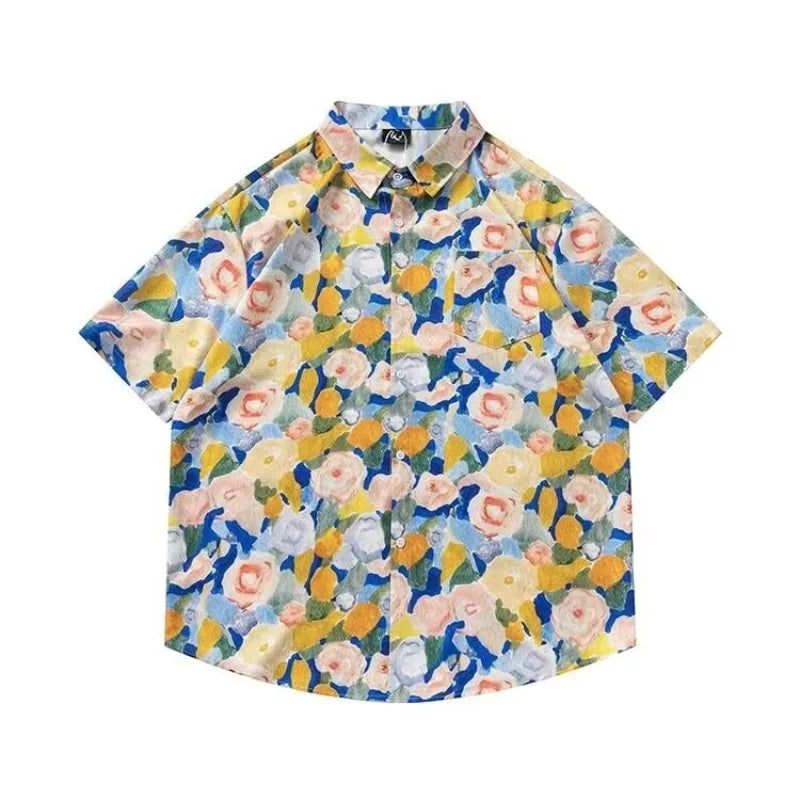 saferido Summer Shirts Men Painting Ins Chic Advanced Breathable Casual Short Sleeve High Street Korean Beach Style Loose Cozy Vocation