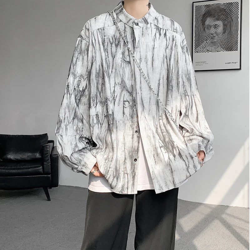 saferido Stand Collar Tie-dye Shirt Men Handsome Long Sleeve Men's Clothing Spring Autumn Korean Loose Streetwear Casual Shirts