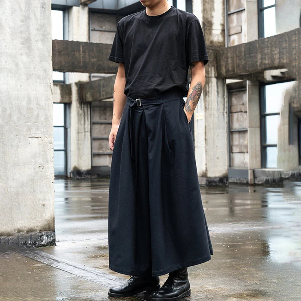 saferido Japanese Streetwear Baggy Fashion Casual Wide Leg Pants Men Punk Hip Hop Skirt Pants Black Harem Trousers Men's Culottes Unisex