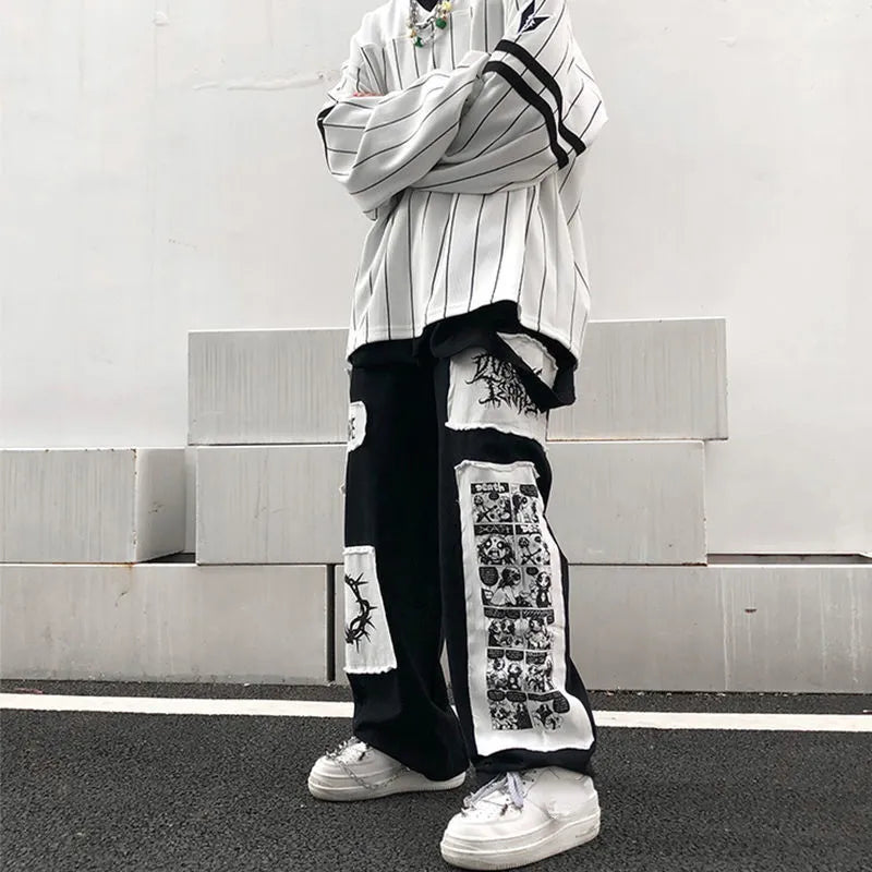 saferido Large Size Cargo Pants Men Spring Autumn Cartoon Patch Ins Fashion Casual Trousers High Street Harajuku Streetwear Male Clothes