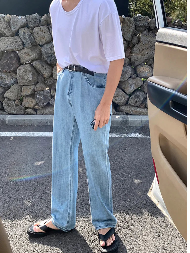 saferido Men's Straight Leg Denim Pants 2024 Summer New Korean Retro Fashion Loose Casual Male Mid-length Jeans Elastic Waist