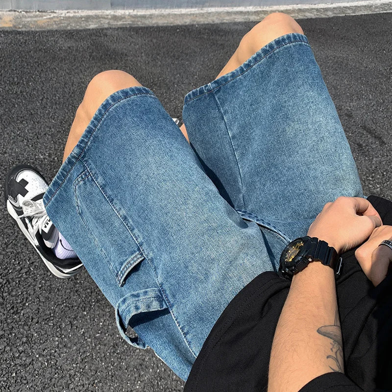 saferido Korean Style Summer Men's Blue Baggy Denim Shorts New Street Apparel Workwear Large Pocket Wide Leg Denim Shorts Blue