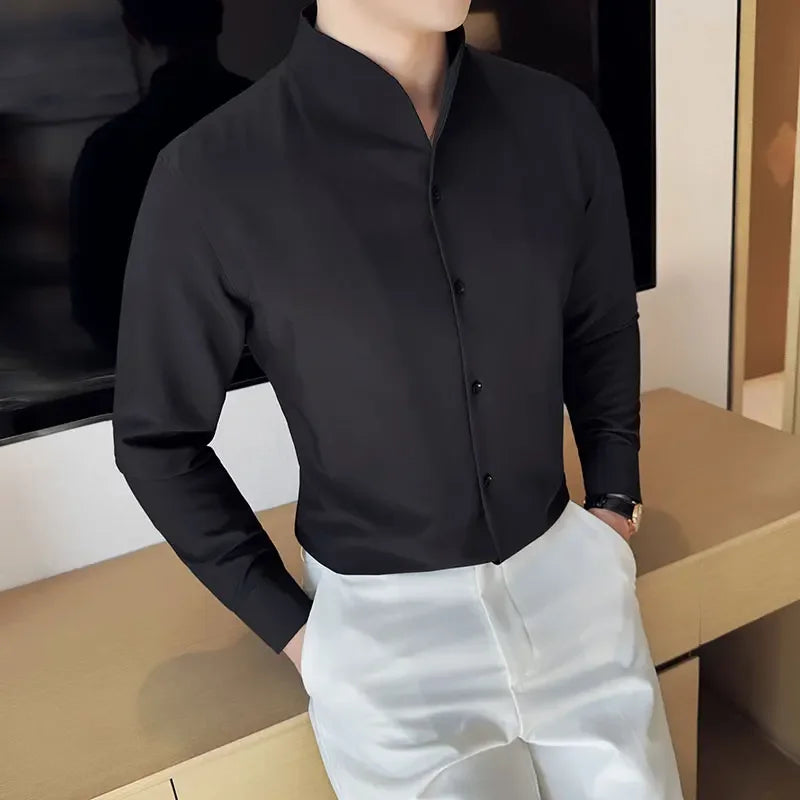 Men V-neck Shirt Spring New British Style Anti-wrinkle Soft Solid Casual Elastic Slim Fit Long Sleeved Shirt Men Clothing