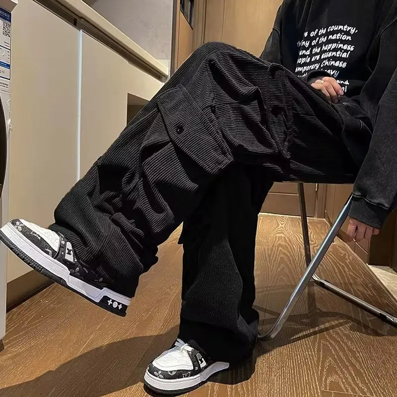 saferido Men's Casual Pants Loose Straight Corduroy Pants Elastic Waist Sweatpants Fashion Streetwear Spring Men Sports Jogger Trousers