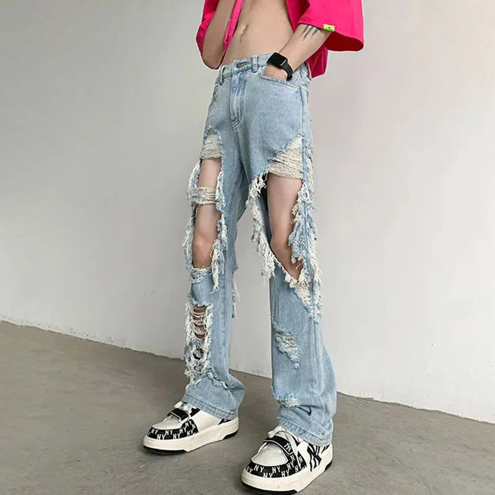 saferido Y2K Unisex Perforated Jeans Mens Summer Korean 2024 Slim Design Straight Wide Leg Denim Pants LGBT Man Sexy Ripped Fringed Jeans