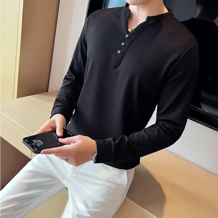 saferido British Style Men's Summer Casual Long Sleeve V-Neck T-Shirts/Male Slim Fit High Quality T-Shirt Tees Plus size S-4XL