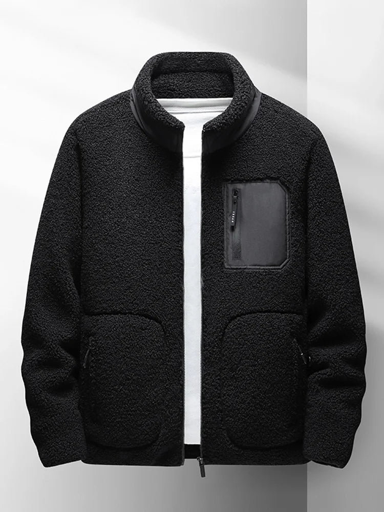 saferido New Men's Winter Jacket Korean Fashion Stand Collar Zip Pockets Thicken Fleece Lined Warm Coat