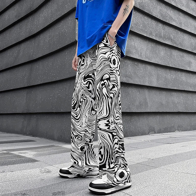 saferido Casual Ice Silk Mopping Pants Men Four Seasons Fashion Sports Trousers Thin Printed Loose Pants Straight Wide Leg Pants Oversize