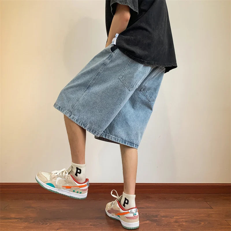 saferido Summer Denim Shorts for Men Korean Harajuku Retro All-Match Baggy Straight Bottoms Wide-Leg High Street Five-Point Jeans Pants