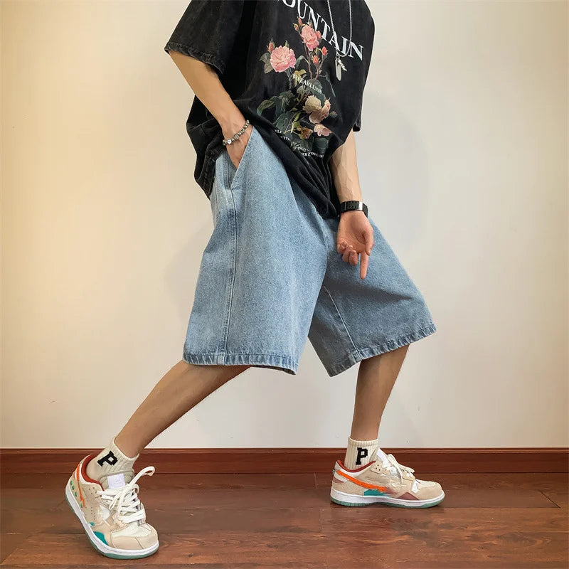 saferido Summer Denim Shorts for Men Korean Harajuku Retro All-Match Baggy Straight Bottoms Wide-Leg High Street Five-Point Jeans Pants