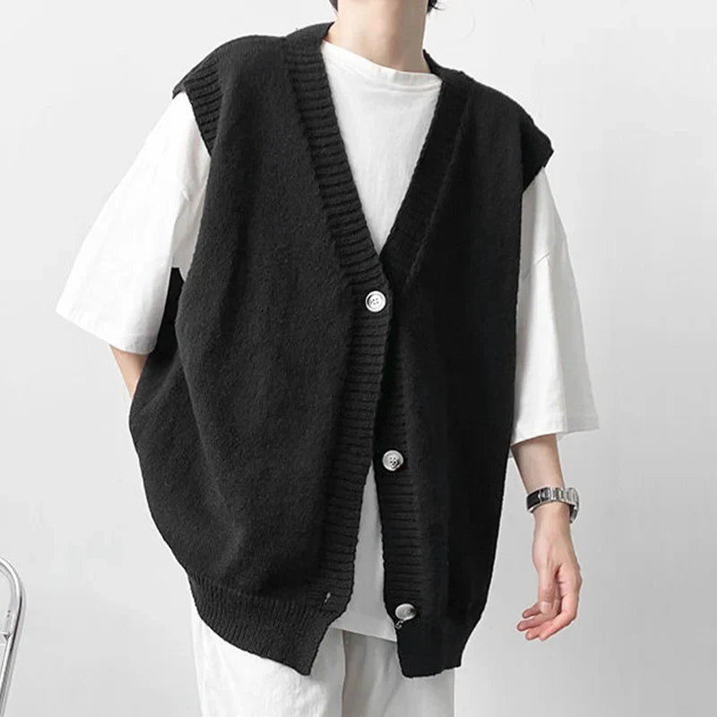 saferido Fashion Menswear Solid Color Knitting Cardigan Sweater Men's Spring And Winter New Loose V-neck Single Breasted Vest