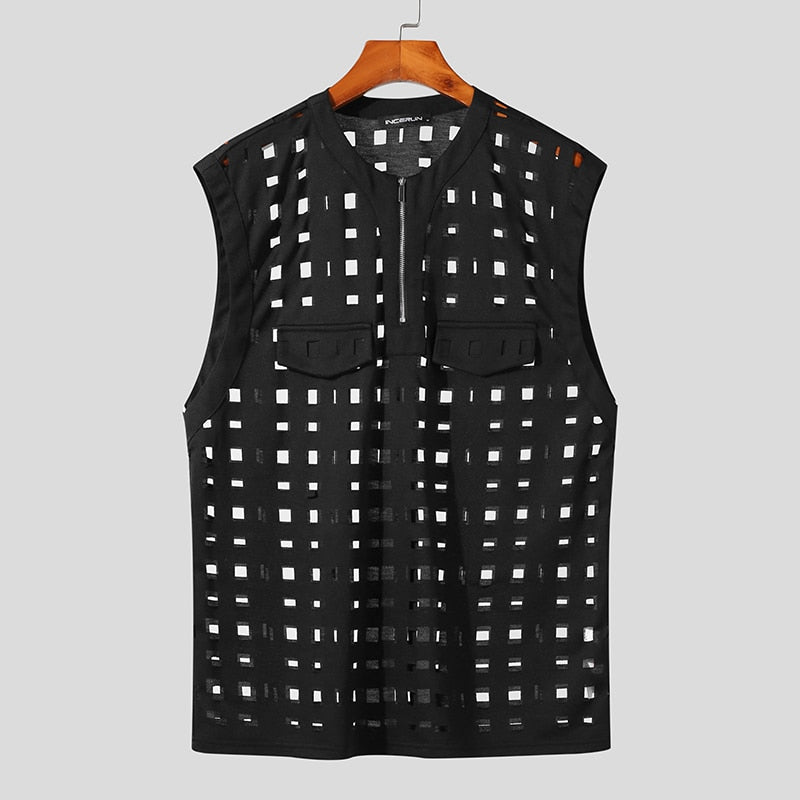 Men Tank Tops Hollow Out Zipper O-neck Sleeveless Streetwear Sexy Casual Vests Korean Fashion Men Clothing S-5XL