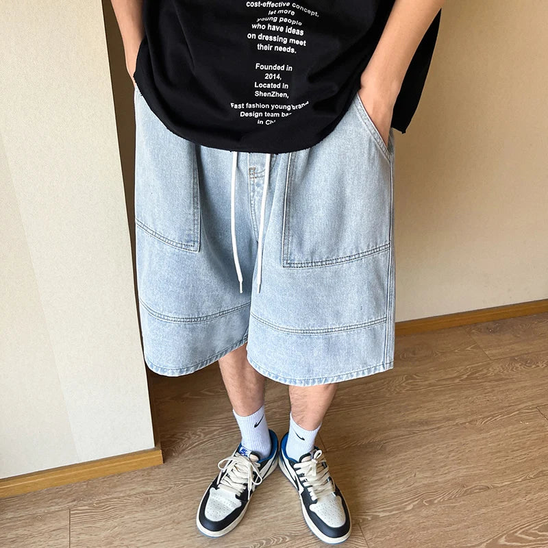 saferido Summer New High Street Casual Versatile Denim Capris Elastic Waist Men's Korean Style Loose Wide Leg Large Pocket Shorts