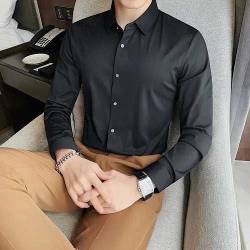 saferido Men Spring High Quality Business Shirts/Male Slim Fit Solid Color Ice silk With Long Sleeves Shirts/Man Casual Dress Shirts
