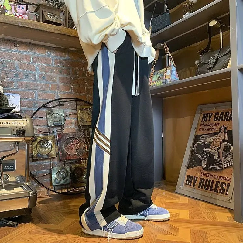 saferido Spring American Fashion Color Contrast Striped Casual Pants Men's Loose Straight Sports Pants Trendy Wide-leg Pants M-3XL