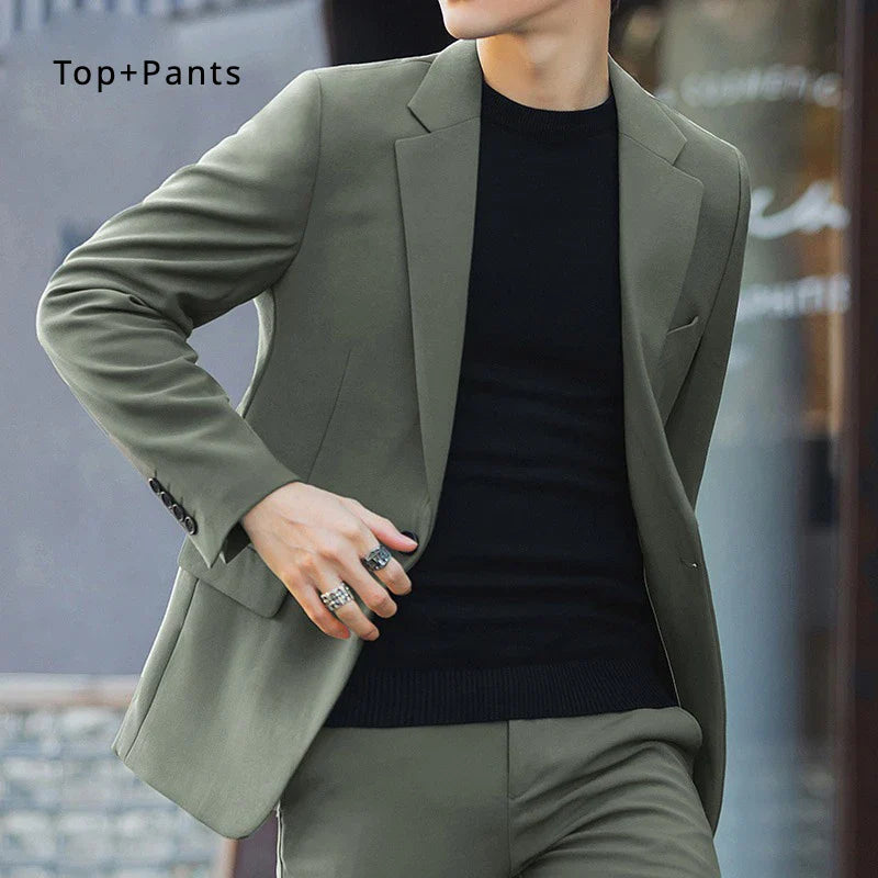 S-6XL Men's Business Casual Suit Korean Style Trendy Slim Fit 2 Piece Set Solid Color (Blazer+ Pants )Groom Wedding Dress Party