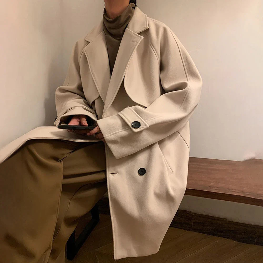 saferido Mens Gray German Woolen Coat Autumn Winter Mid-Length Thickened High-End Retro Elegant Handsome Comfortable Coat Oversize