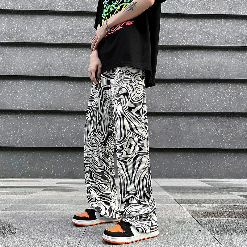 saferido Casual Ice Silk Mopping Pants Men Four Seasons Fashion Sports Trousers Thin Printed Loose Pants Straight Wide Leg Pants Oversize