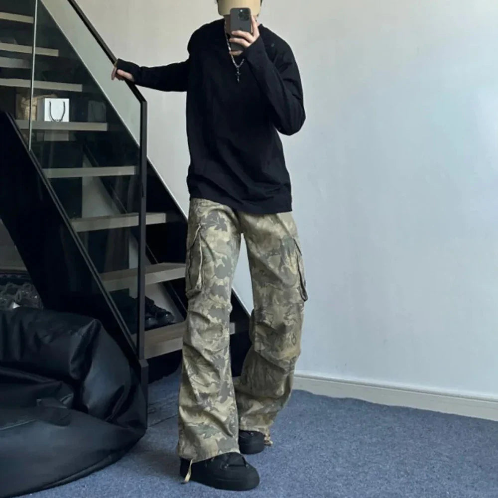 saferido Mens Y2k American Retro Pocket Camouflage Straight Pants Genderless Trendy Hip-Hop Workwear Style Loose Wide-Leg Pants Unisex