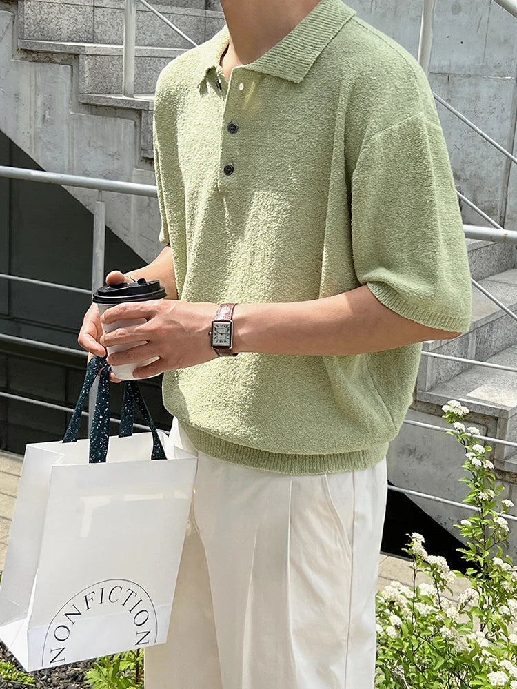 saferido Short Leeved Men's T-shirt Korean Style Simple Retro Kniting Lapel Trend Fashion Loose Casual Male Top 2024 Summer New