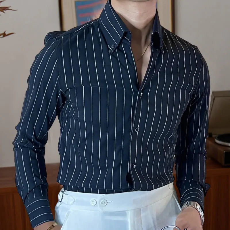 saferido Stripe Shirts Men's British Fashion Slim Shirt Tuxedo Shirt Social Business Trend Men Shirt Office Button Down Long Sleeve Shirt