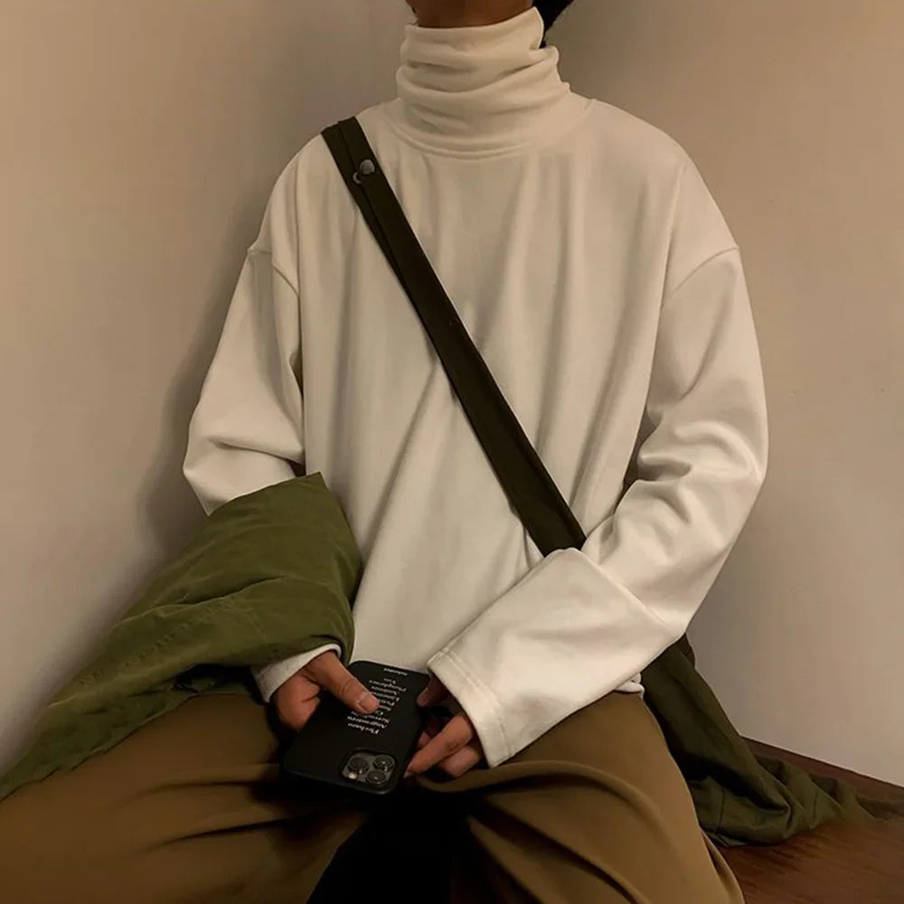 saferido Mens Pullover Japanese Stylish Solid Harajuku Long Sleeve Top Fashion Turtleneck Cozy Baggy Fit Casual Daily Top Men's Clothing