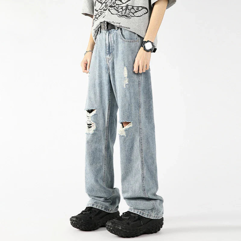 saferido Men's Wear Spring Autumn Thin Light Ice Silk Ripped Jeans American Style Street Tough Straight-leg Trousers