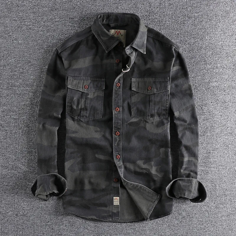 Spring Autumn New Men's Wash Camouflage American Tooling Long-Sleeved Shirt Double Pocket Everything Casual Military Youth