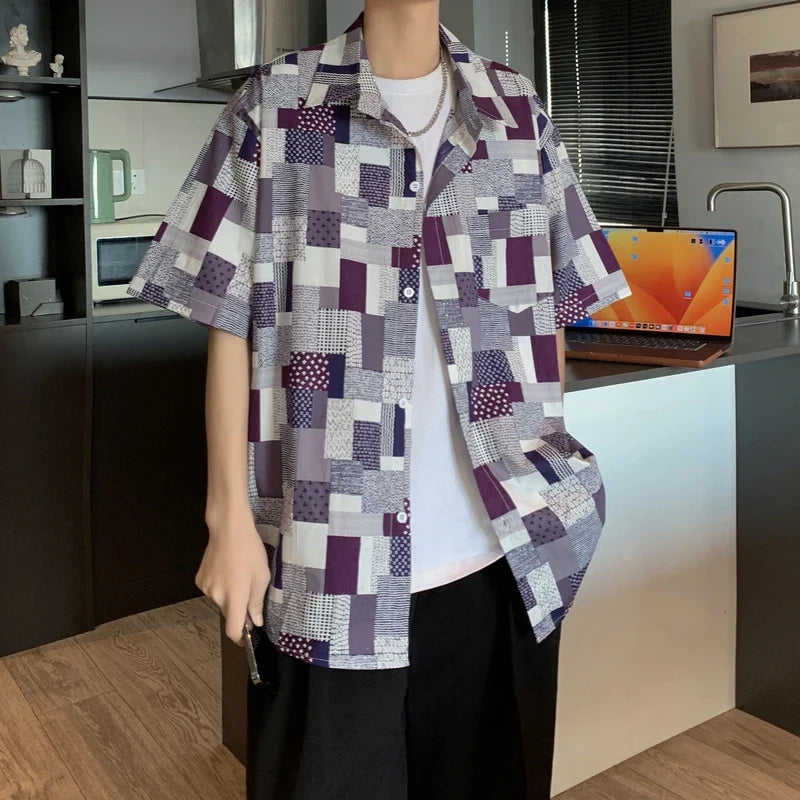 saferido Korean Mens Vintage Short Sleeve Dress Shirt Trend Couple Hawaiian Loose Print Blouses Shirts 2024 Summer Designer Men Clothing