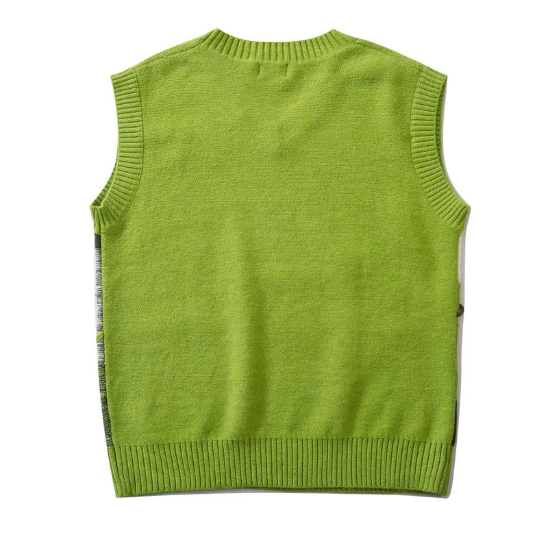 saferido Japanese Retro Knitted Vest Men V-neck Color Matching Wool Sleeveless Sweaters Causal Loosed Preppy Couple Knitwear Autumn New