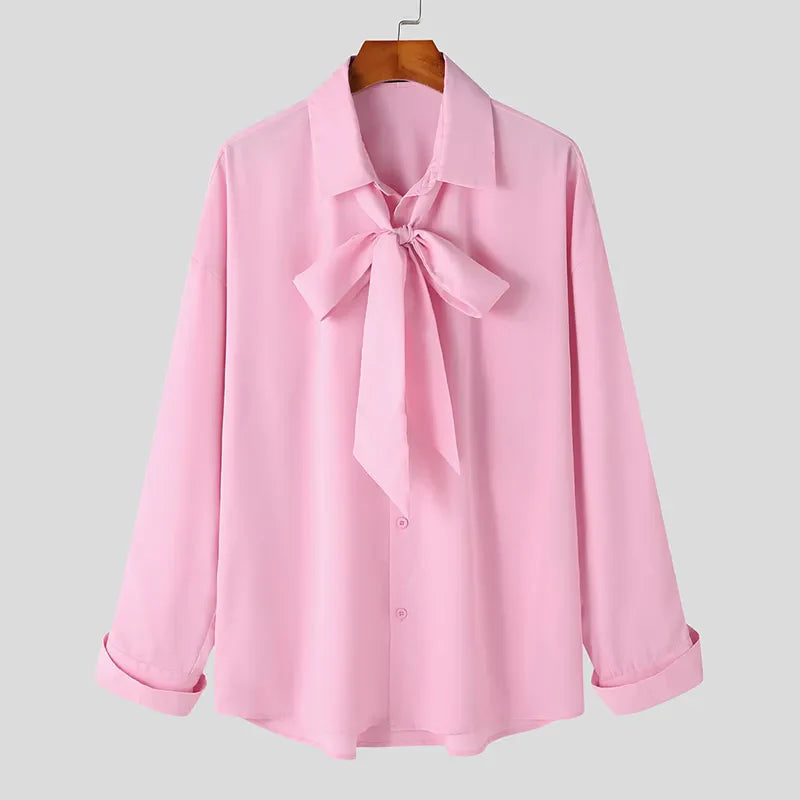 Men Shirt Lapel Long Sleeve Lace Up Streetwear Button Loose Casual Men Clothing Solid Color Fashion Camisas S-5XL