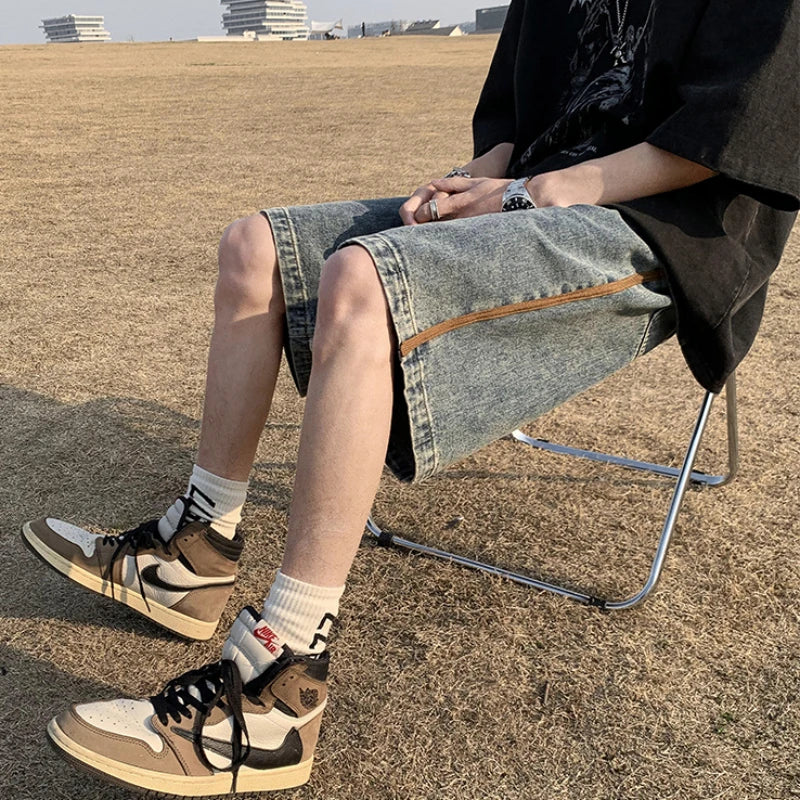 saferido Side Striped Denim Shorts Men Wide Leg Baggy Drawstring Mid-waist Summer Fitness Handsome Slouchy Knee Length Japanese Style