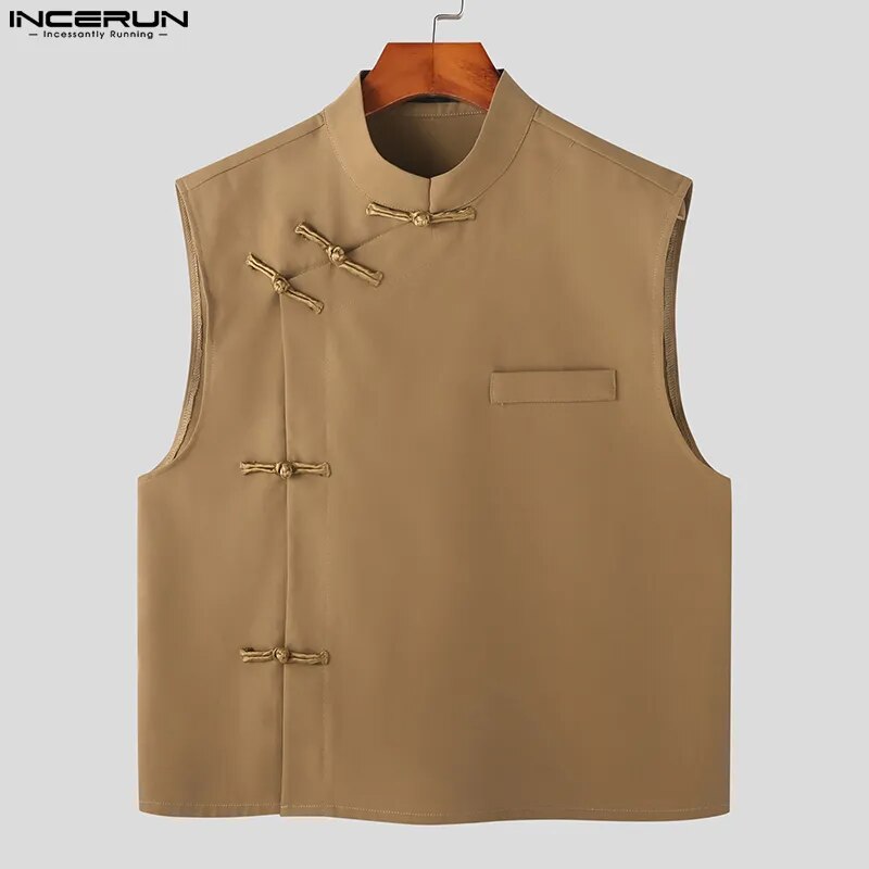 Men Shirt Solid Stand Collar Sleeveless Vintage Chinese Style Knot Button Men Clothing Summer Casual Vests S-5XL