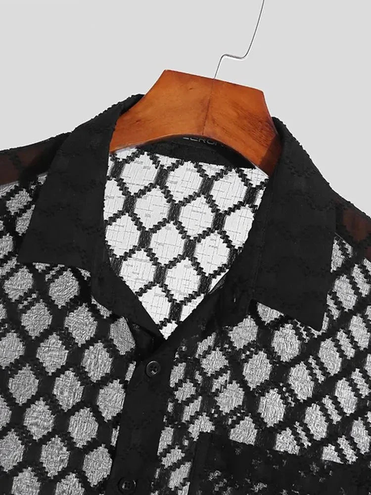 Handsome Well Fitting Men Blouse Vacation Hollow Out Stitching Male Breathable Mesh Long-sleeved Shirts S-5XL Tops