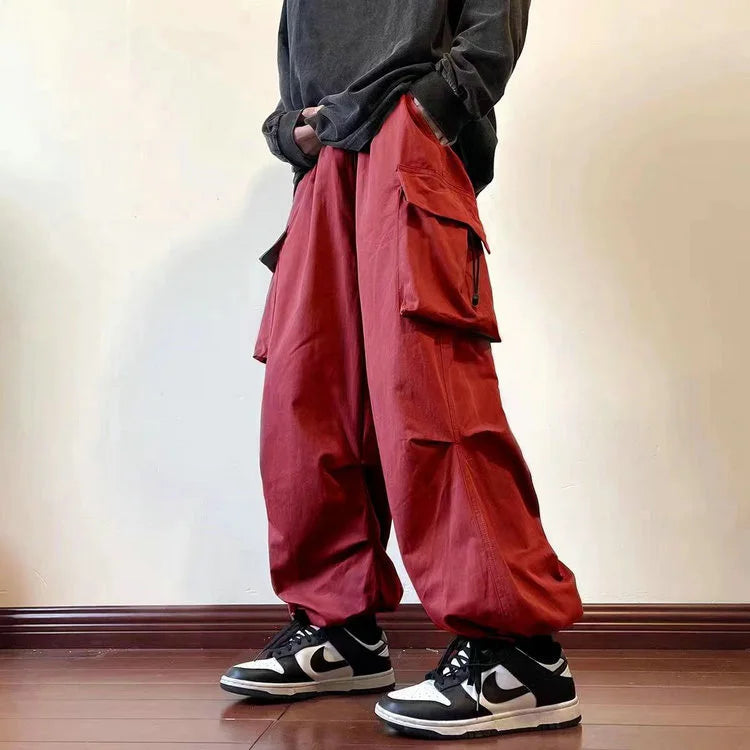 saferido Streetwear Spring Harem Casual Pants Men Elastic Waist Solid Color Cargo Pants Multi Pocket Loose Baggy Pants For Women