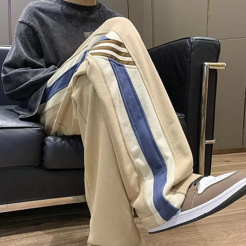 saferido Spring American Fashion Color Contrast Striped Casual Pants Men's Loose Straight Sports Pants Trendy Wide-leg Pants M-3XL