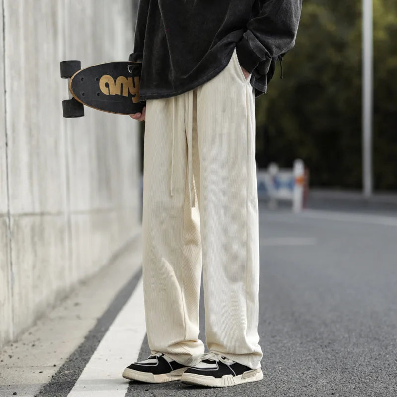 saferido Men's Casual Pants Loose Straight Corduroy Pants Elastic Waist Sweatpants Fashion Streetwear Spring Men Sports Jogger Trousers